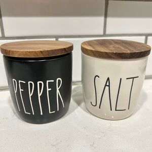 Black and White Salt and Pepper Ceramic Jars with Wooden Lids Rae Dunn